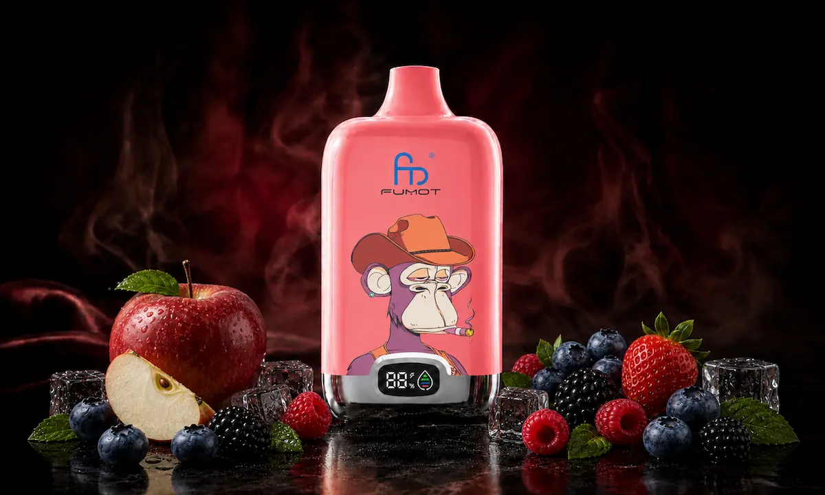 Fumot Digital Box 12000 Apple Berry Blast Vape in einer dunklen Rauchszene