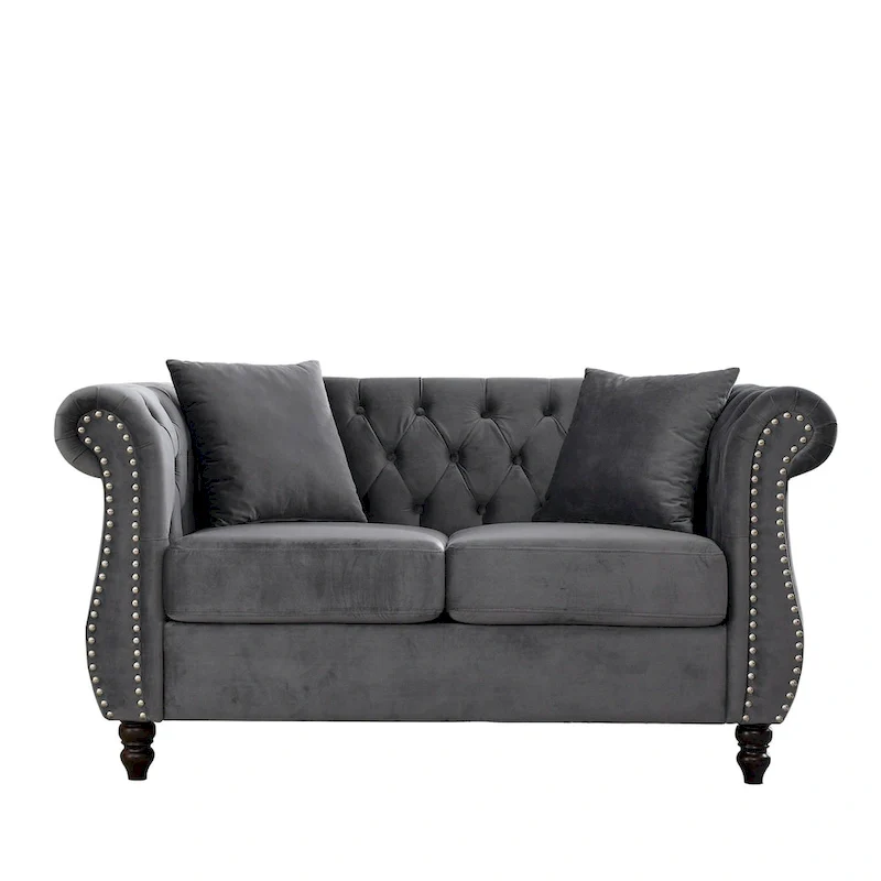 Velvet Chesterfield Loveseat Sofa, Rolled Arms, Nailhead Trim