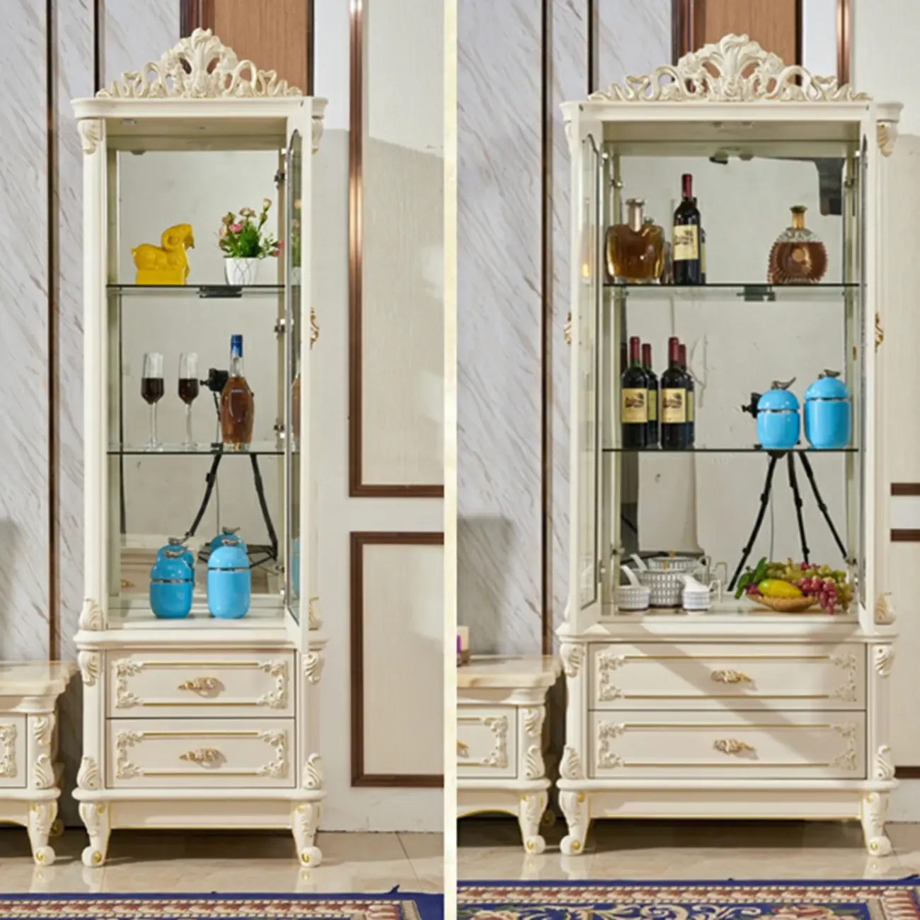 Glam White Wooden Glass Curio Cabinet with Drawers