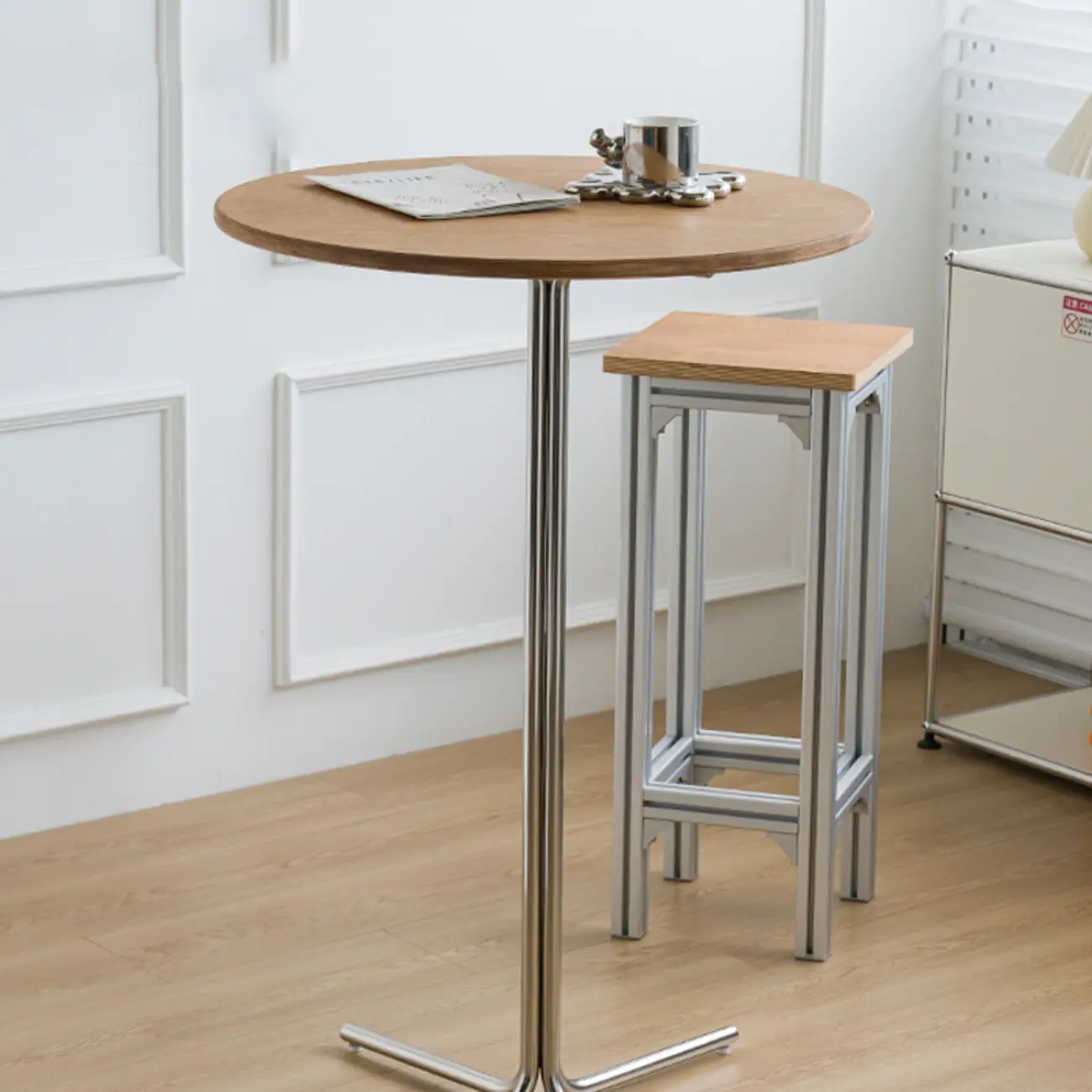 Modern Natural Wood Silver Metal Cross Legs Bar Tables