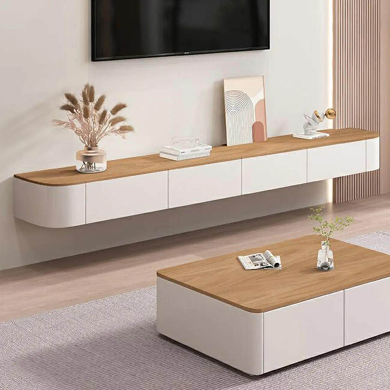 Contemporary Long White Wood Floating TV Stand with Drawers