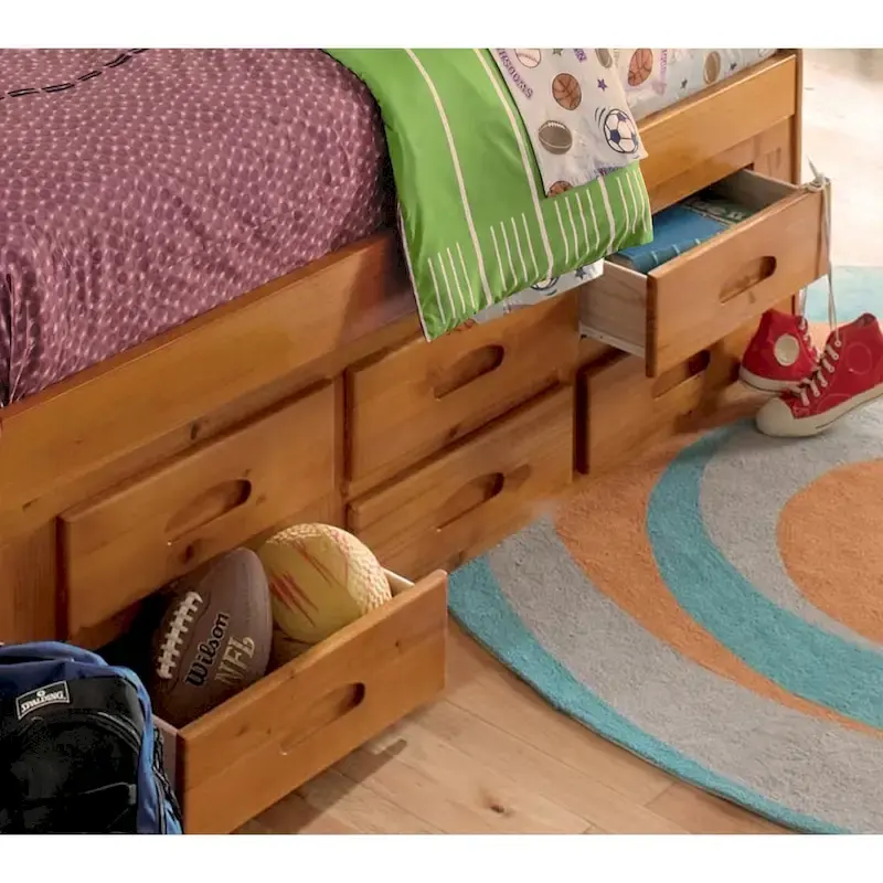 OS Home and Office Furniture Solid Pine Full Daybed with Six Drawers in Warm Honey