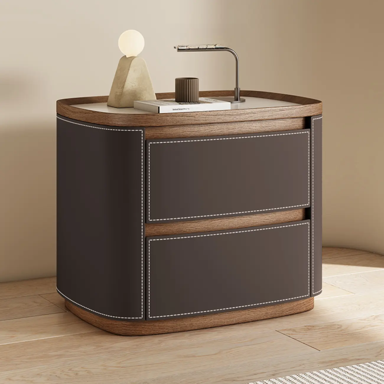 Trendy Low Tray-Top 2 Layer Solid Wood Nightstand