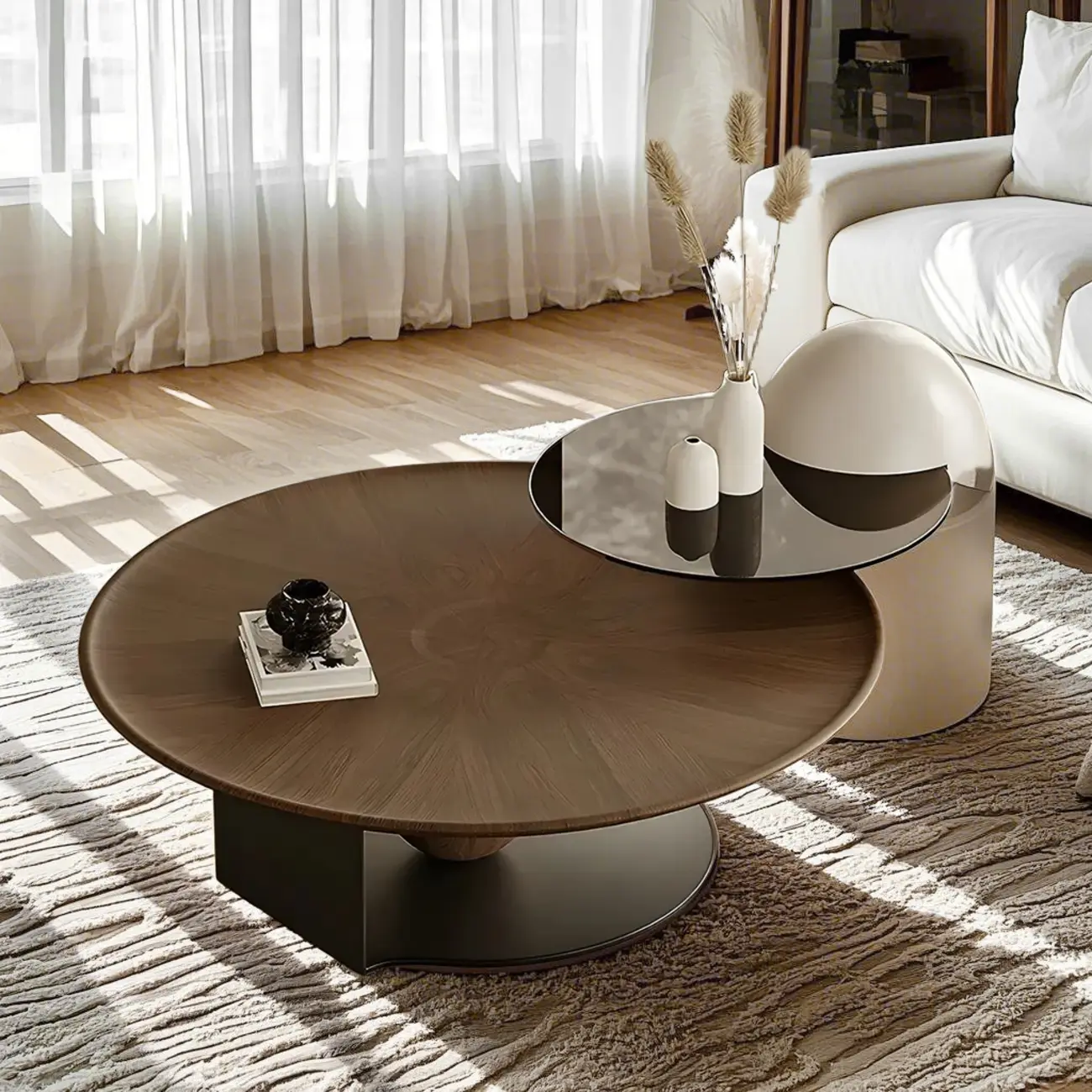 Brown Round Metal Base Wooden Coffee Table