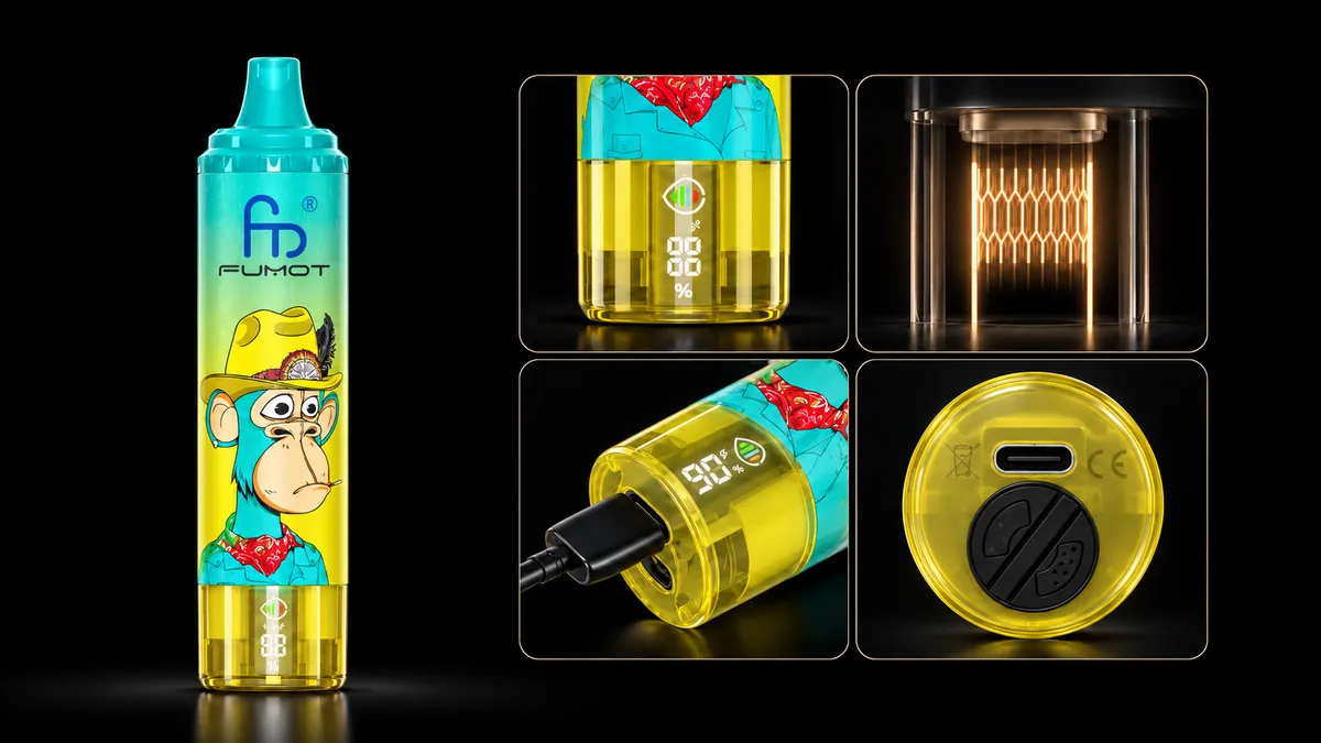 FUMOT Tornado 15000 Watermelon Ice – Detailansichten von Display, Heizsystem, USB-C-Anschluss und Luftregulierung