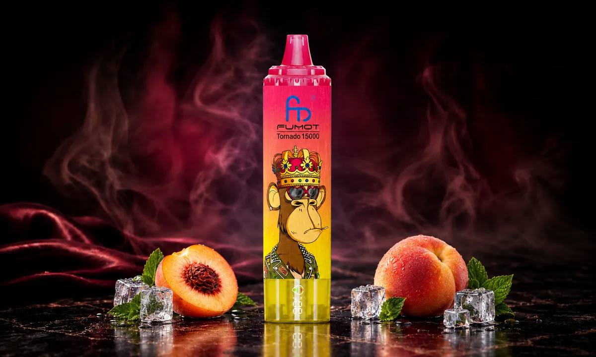 FUMOT Tornado 15000 Peach Ice – E-Zigarette in einer atmosphärischen Produktszene