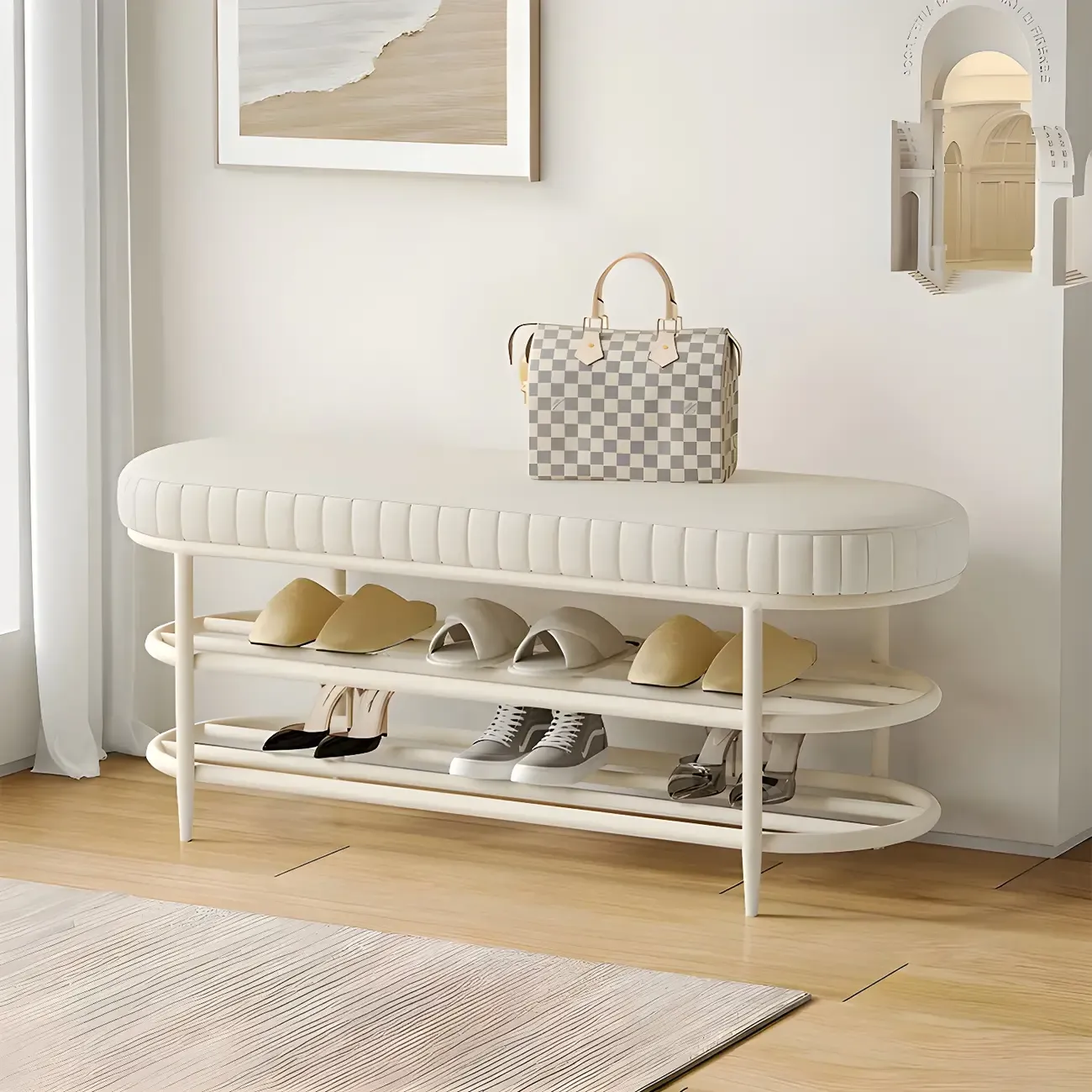 Elegant Oval Metal Cushioned Shoe Rack Bench