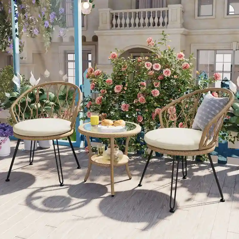 2 Rattan Single Chairs with A Glass Round Table