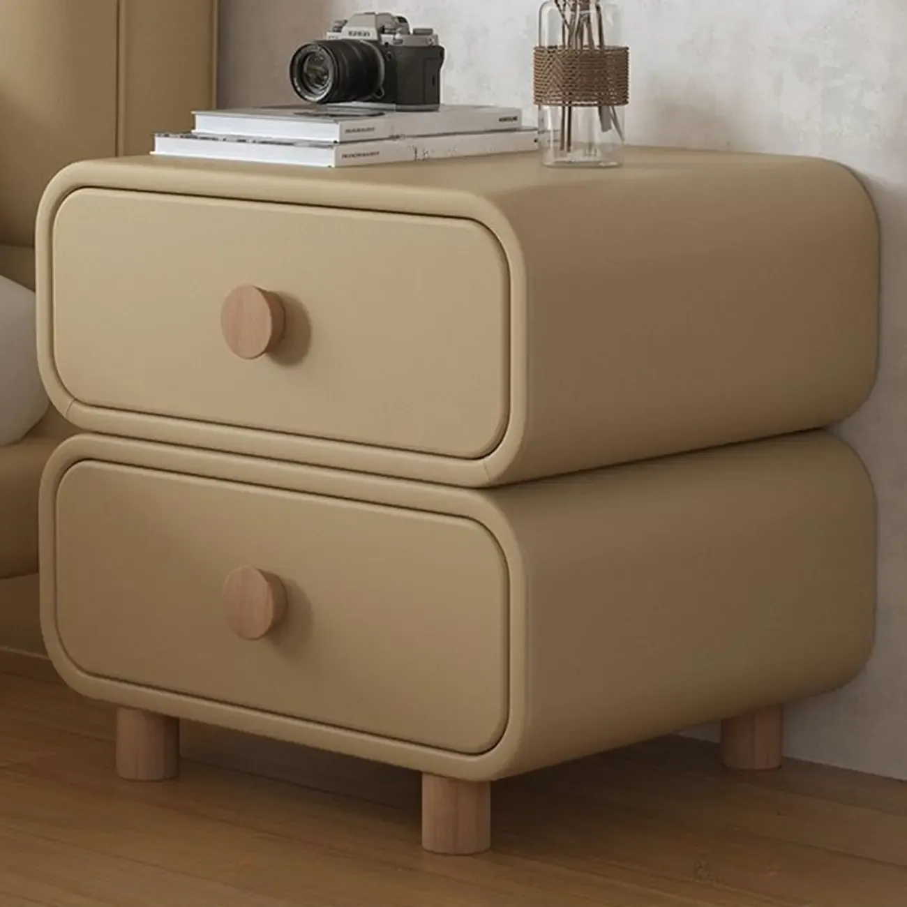 Pleather Scandinavian Nightstand With Faux Leather Finish