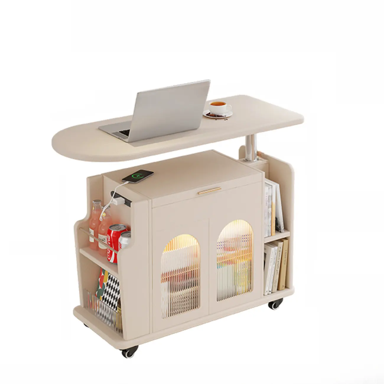 Adjustable White Wood Multi-Functional Side Table with Wheels