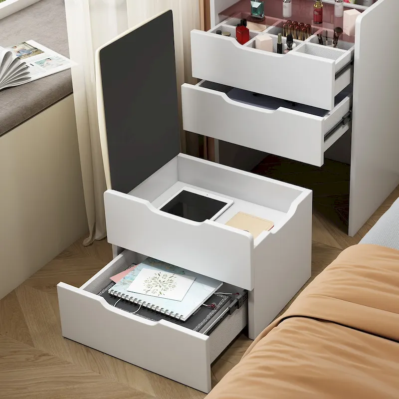 3 in 1 Vanity Desk with Plip Top Mirror,Small Make Up Vanity Set with Visible Glass Desktop,3 Drawers,Cushioned Tool