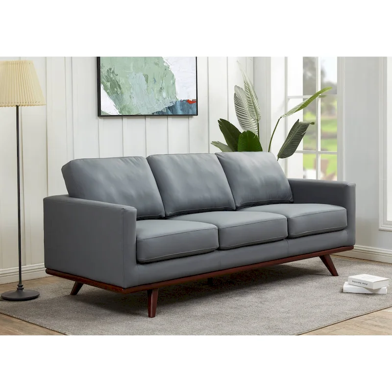 Chester Leather 3-Seater Sofa with Birch Wood Base Modern Living Room Couch with Removable Cushions - 83