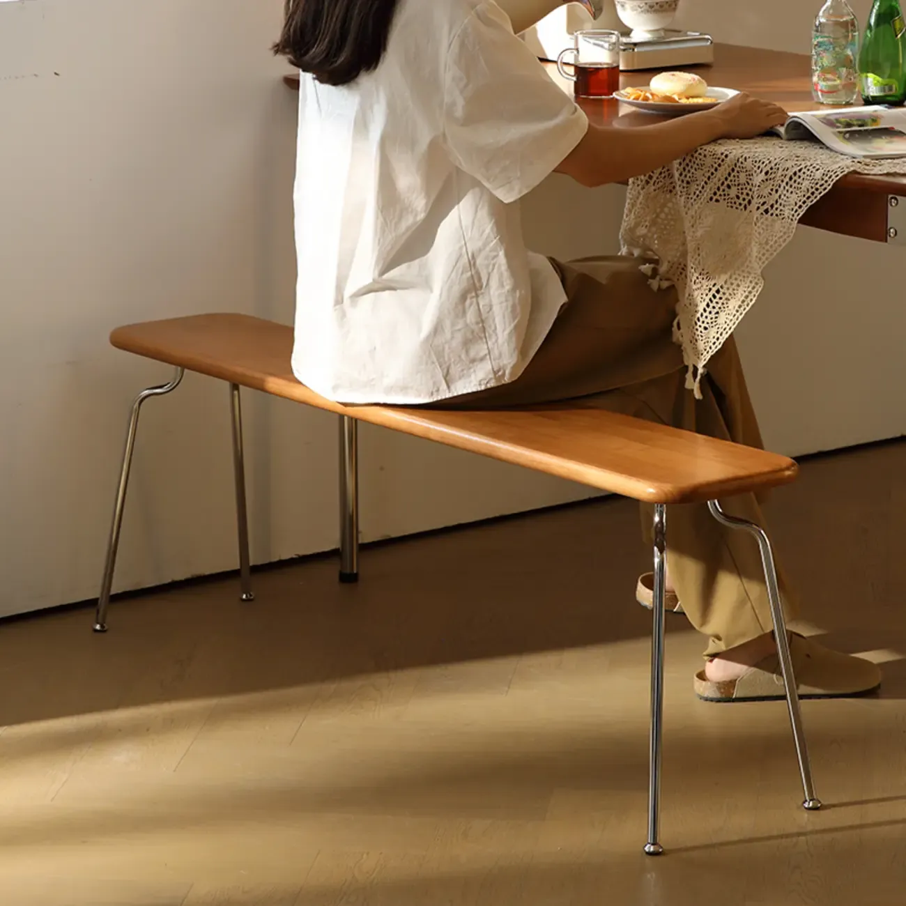 Modern Wood Bedroom Bench with Metal Frame