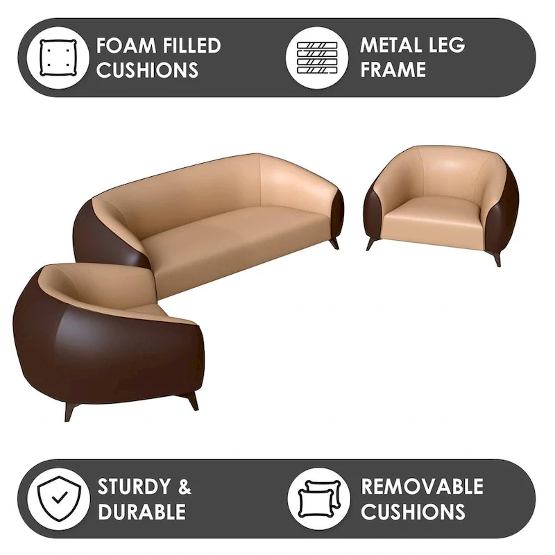 3-Piece Sofa Set Upholstered PU Leather with Solid Wood Frame and Steel Legs Opula Series by LeisureMod