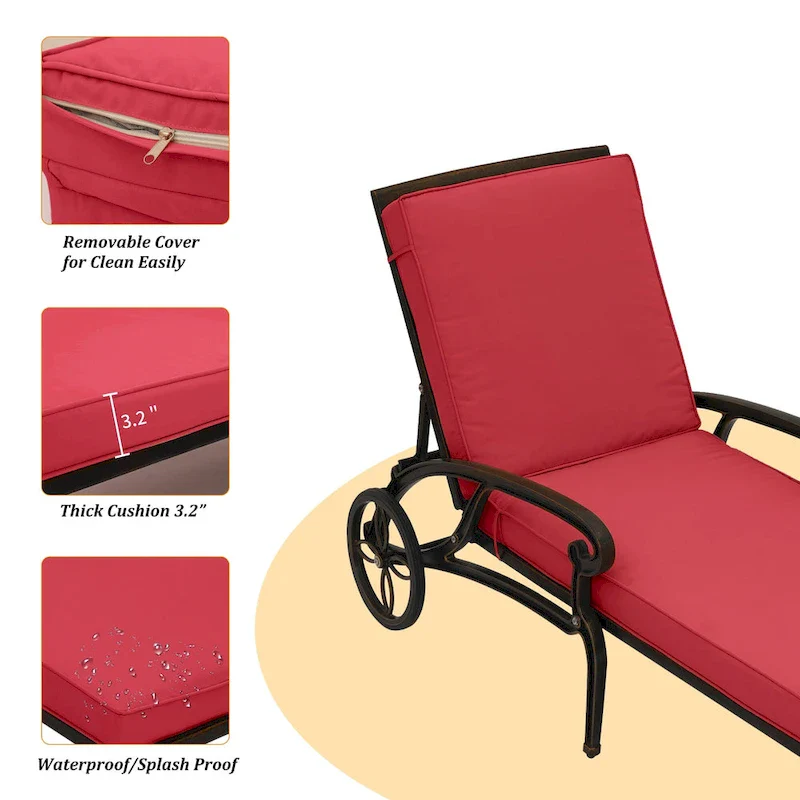 Clihome Cast Alum Folding Reclining Patio Chaise Lounge with Red Cushion