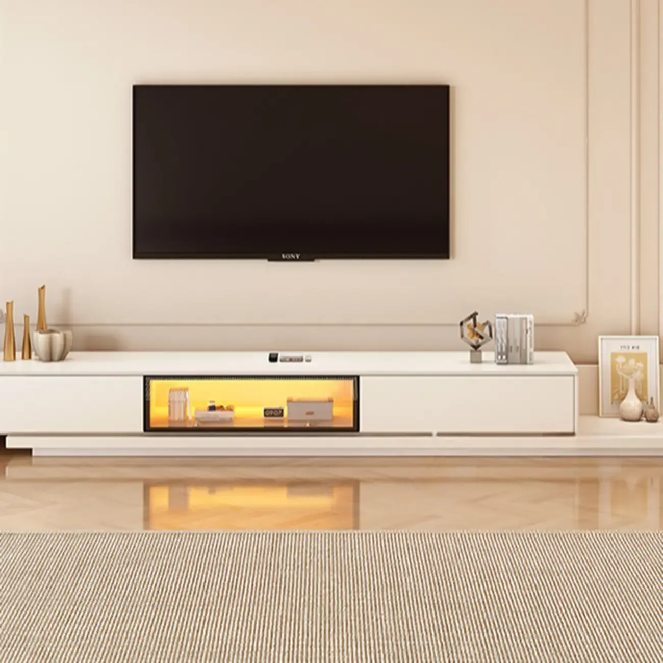 Modern Wooden TV Stand with Shelves and Drawers