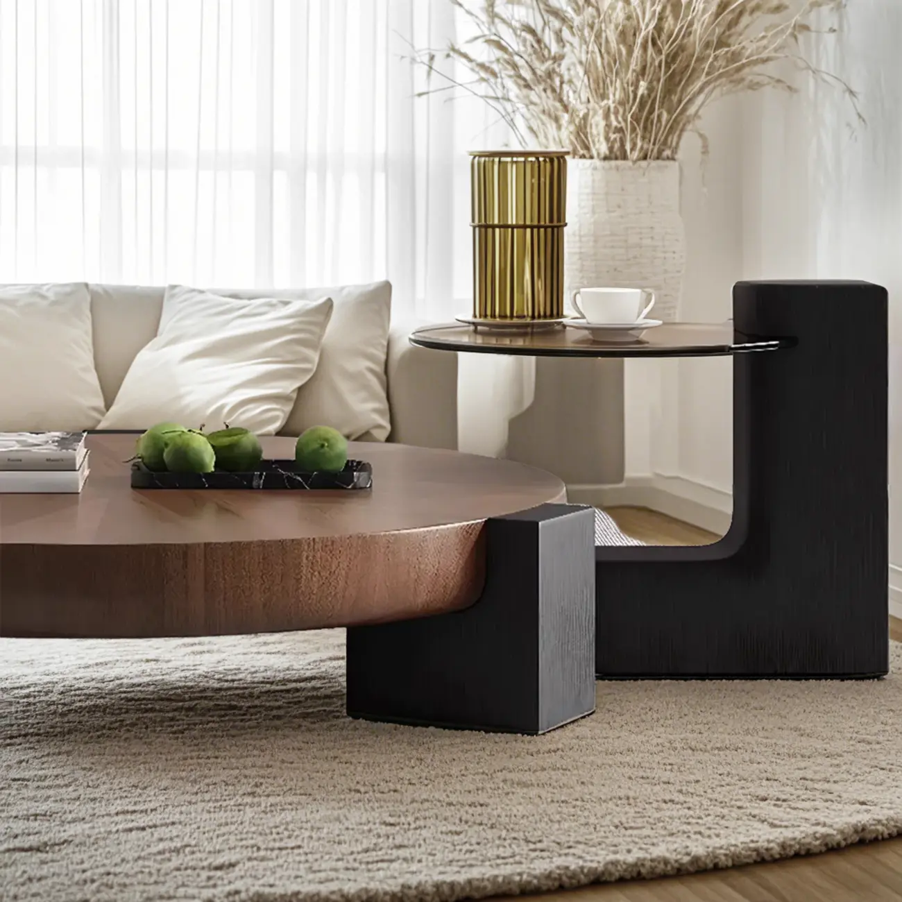 Modern Round Wooden Glass Top Coffee Table