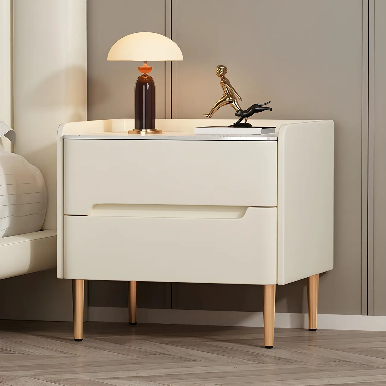 Elegant Green Wood Stone Top Gold Legs 2-Drawer Nightstand