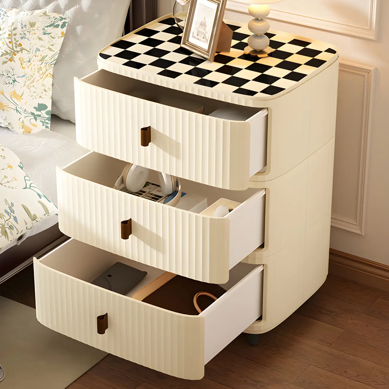 Modern Black And White Grid Top Nightstands with Drawers