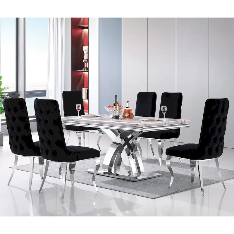 Black and Silver Dining Chairs with Soft Velvet and Metal Legs