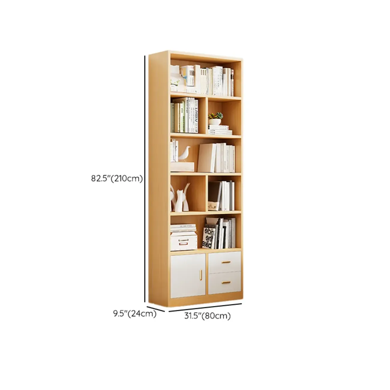 Natural Finish Narrow 6 Shelves Wooden Bookcase with Drawer