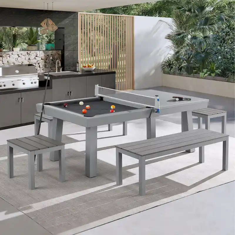 Newport Outdoor Patio 7ft Slate Pool Table 6-Seater Dining Set with 4 Benches & Accessories, Cement Finish