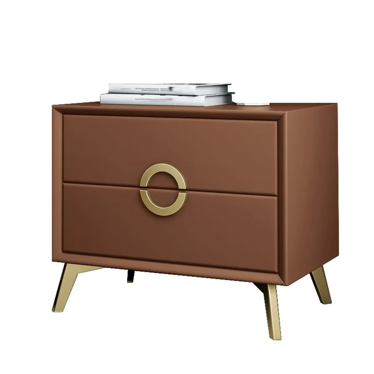 Chic Khaki Leather Gold Accents 2-Drawer Nightstand