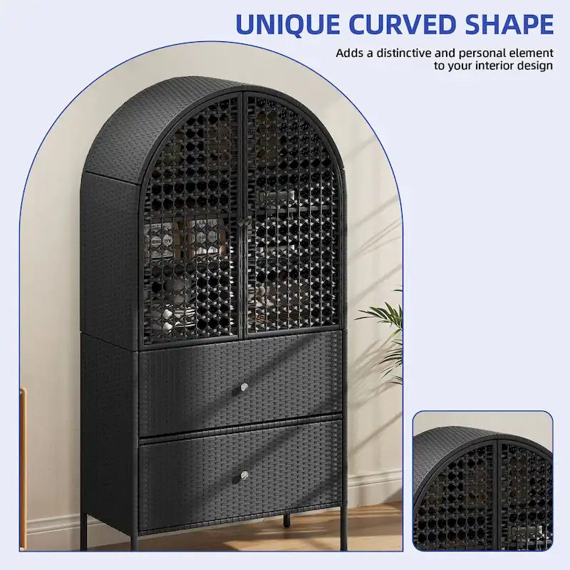 Moasis 65 Tall Arched Wicker Kitchen Pantry Cabinet,Farmhouse Cupboard with 3 Shelves & 2 Drawers