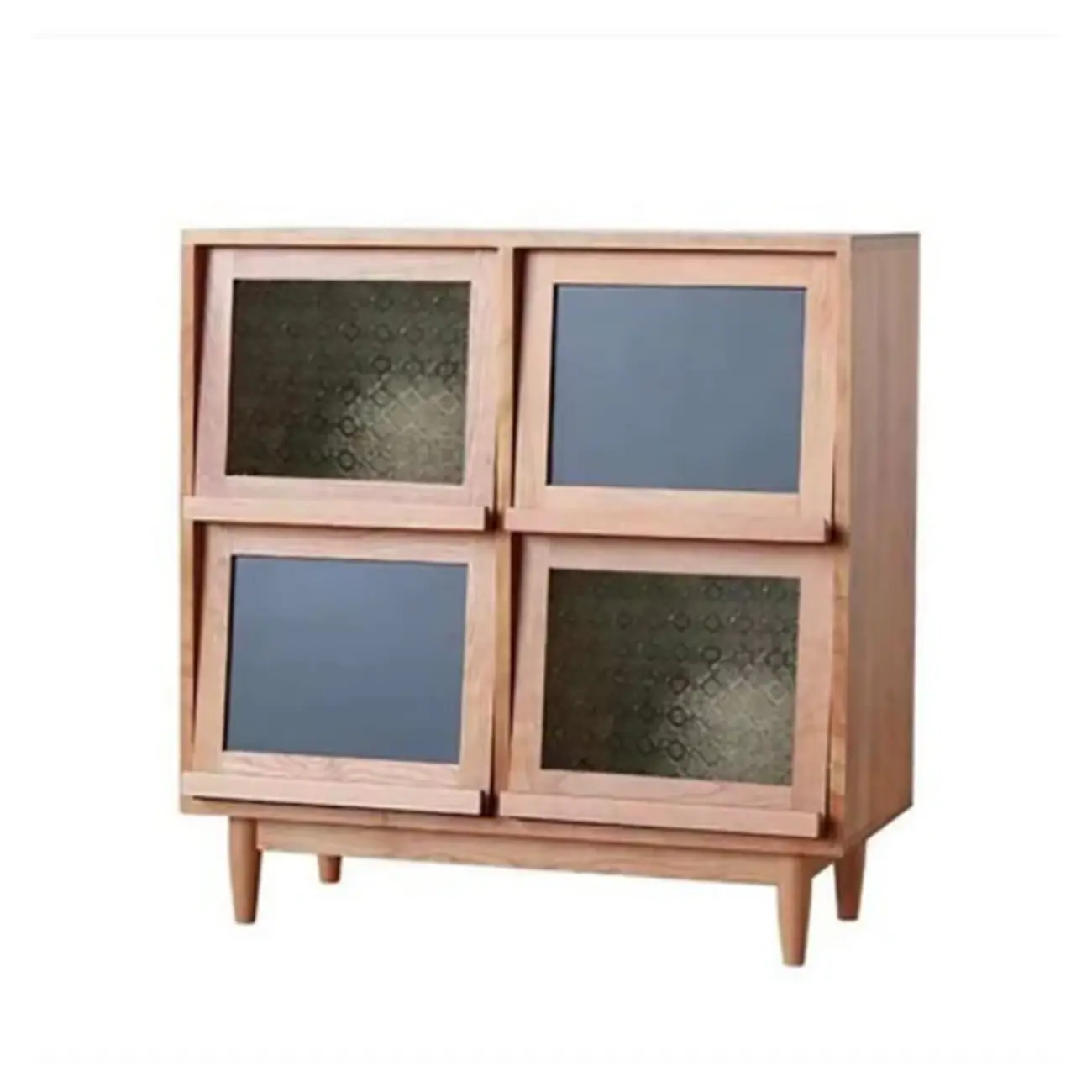 Brown Pine Wood Rectangle 4 Cabinet with Glass Doors