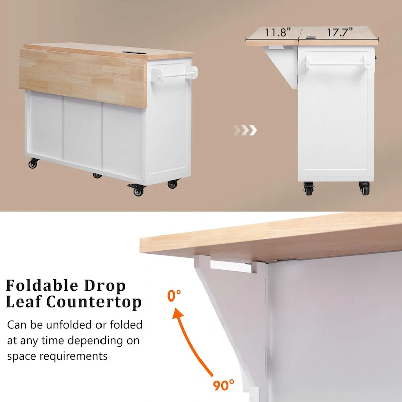 56.5 Kitchen Island with Drop Leaf and Charging Station, Rolling Kitchen Cart on Wheels with Drawers and Adjustable Shelves