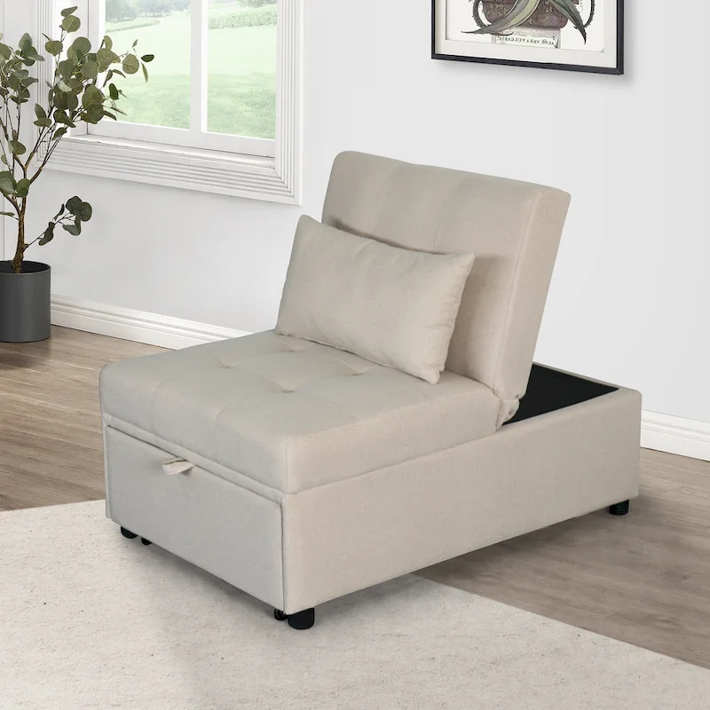 Beige Single Folding Ottoman Sofa Bed with Adjustable Back