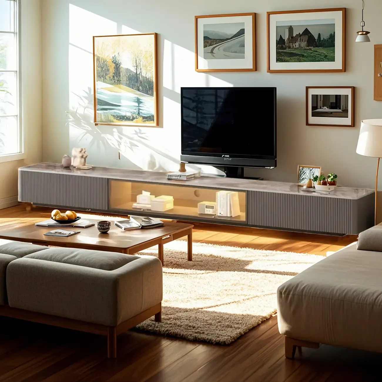 63 Champagne Long Stone TV Stand with Cable Management