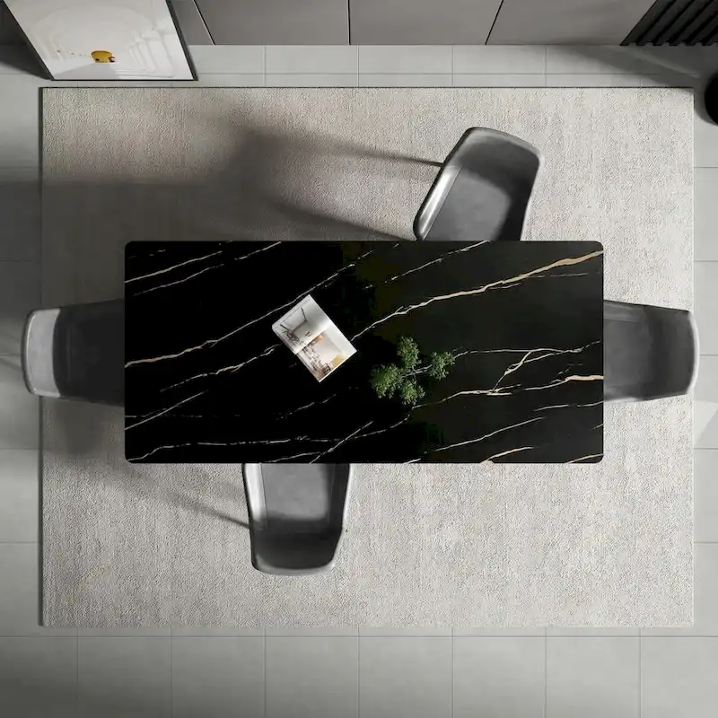 70.8 inch rectangular white kitchen dining table, with a sintered stone marble tabletop, metal legs