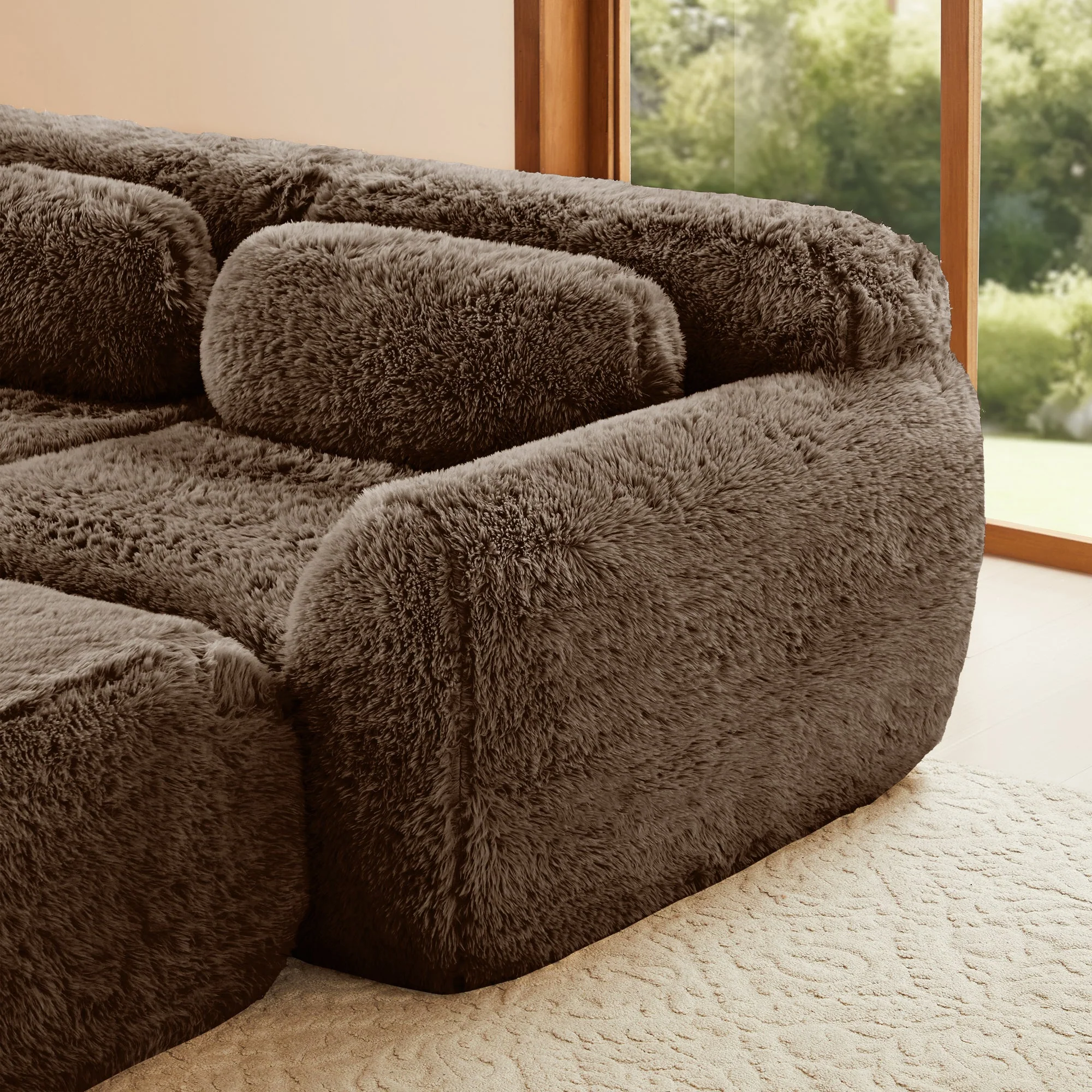 Soft Teddy Plush Ergonomic Design L-shaped Loveseat Sofa with Ottoman