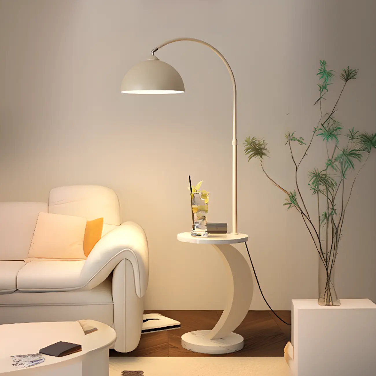 Geometric Ivory Arc LED Floor Lamp with Storage Shelf for Indoor
