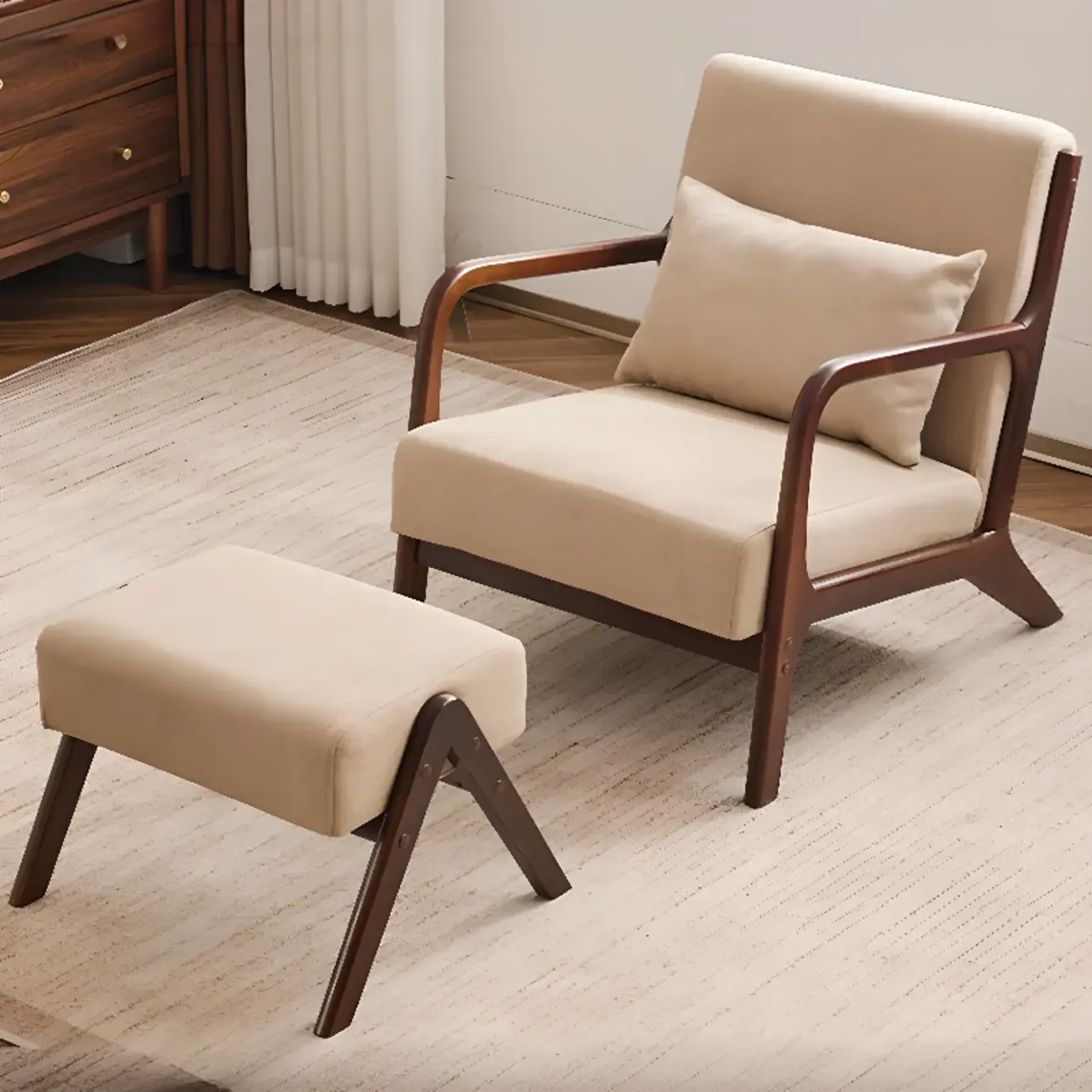 Beige Ottoman Cotton Linen Accent Arm Chair