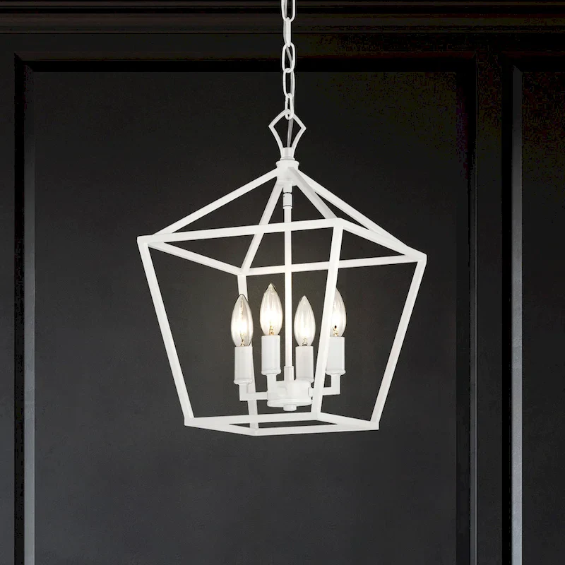 Renzo 12 in. 4-Light Farmhouse White Pendant Light with Caged Metal Shade - N/A
