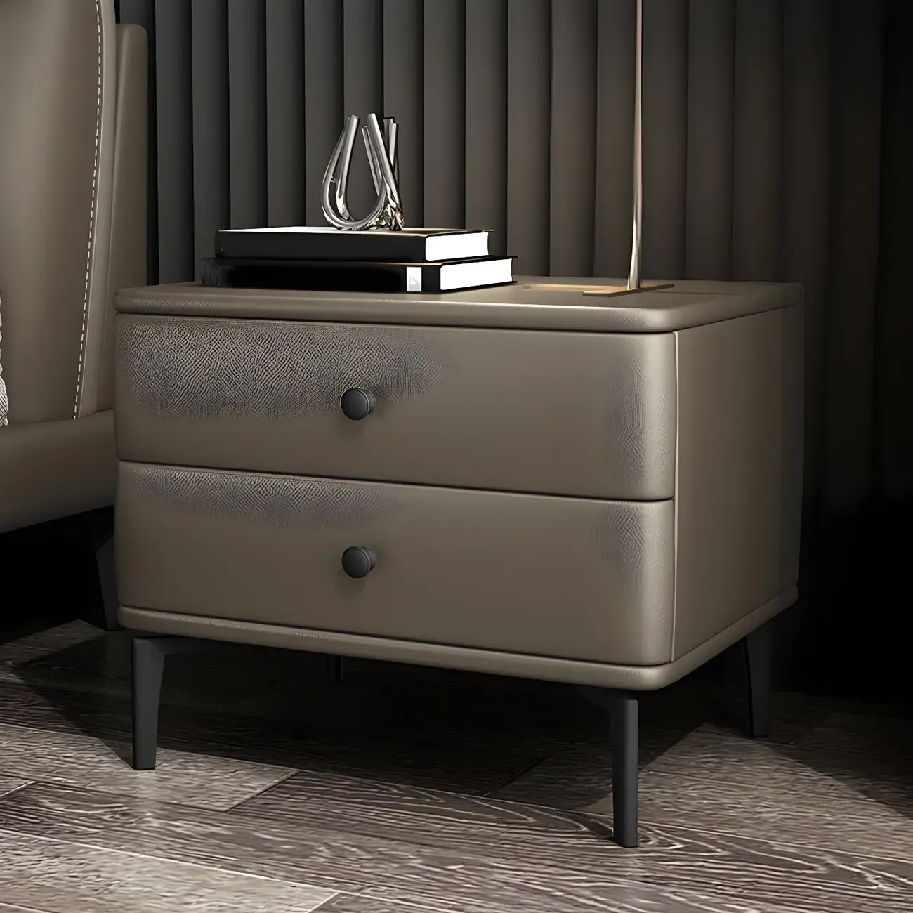 Modern Black Leather Bedside Table with Drawers