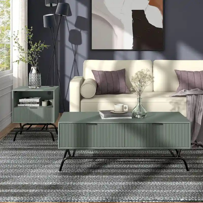 DH BASIC 2-Piece Modern Coffee Table and End Table Set with 3D Wave Accented Drawers by Denhour