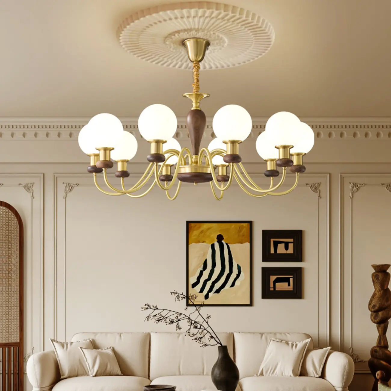 Mid-Century Brass Wood Chandelier with Globe Glass Shade
