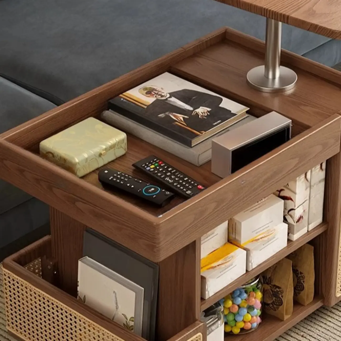 Swivel Tabletop Adjustable Wood Side Table with Wheels