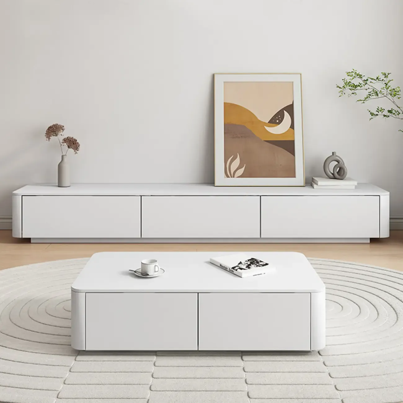 Modern White Wooden Long TV Stand with Drawers