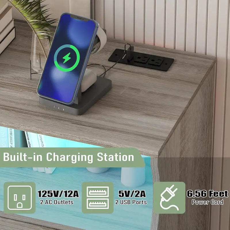 Modern Wood Dresser with 8 Drawers, Bedroom Dresser with Charging Station & LED Lights