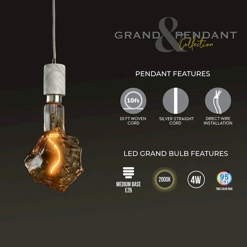 Bulbrite LED Grand Bulb and Pendant Kit of (1) 4 Watt Antique Glass 13  Glacier Shaped Bulb