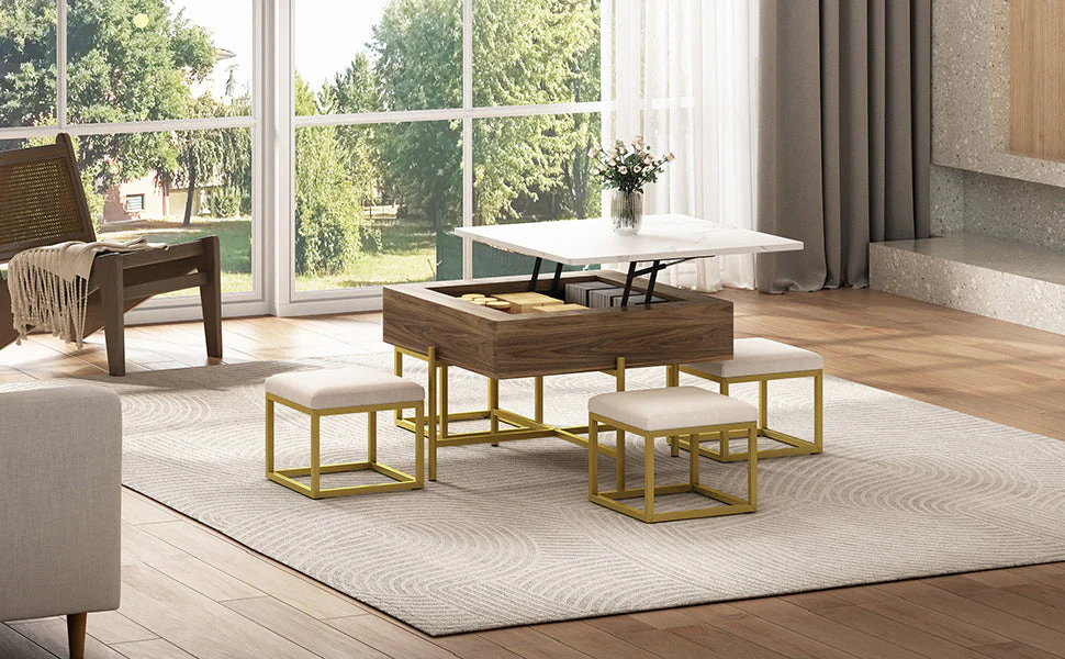 Walker Edison | Modern Square Lift-Top Coffee Table Set with 4 Ottomans