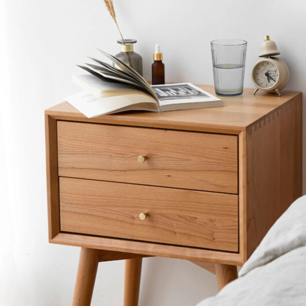 Scandinavian Narrow Cherry Wood Nightstand with Drawers