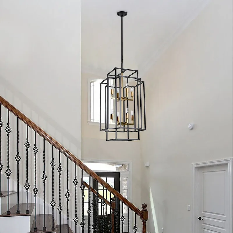 Black 8-Light Industrial Rectangle Iron Frame Pendant