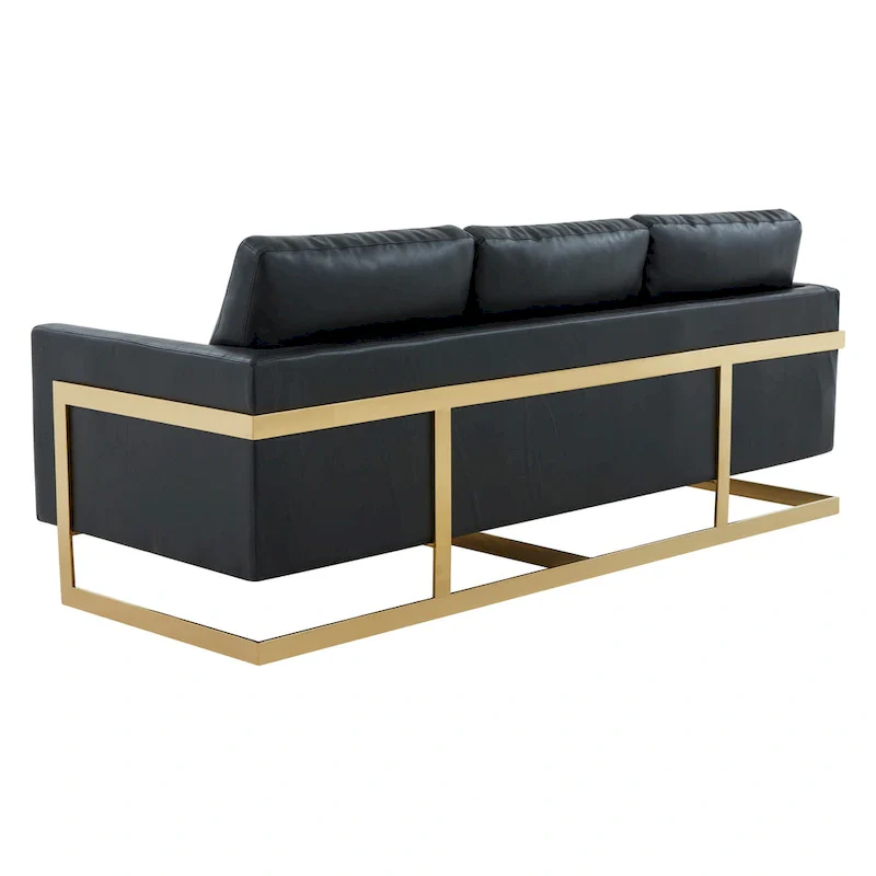 LeisureMod Lincoln Modern Upholstered Leather Sofa with Gold Frame - 83