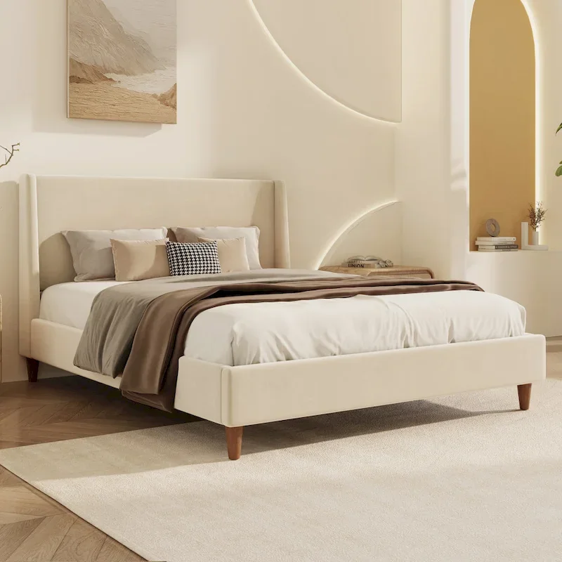 Luxurious Velvet Upholstered Platform Bed with Stylish Headboard