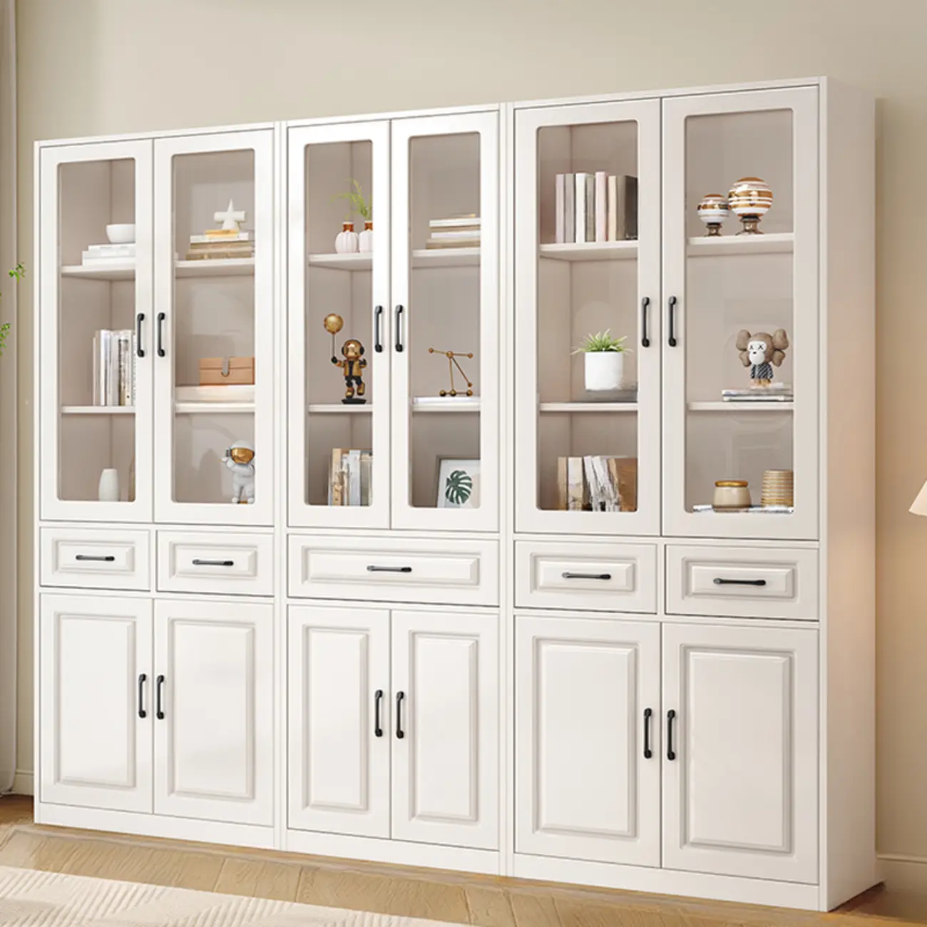 Rectangular White Wood Vertical Display Bookcase with Drawers